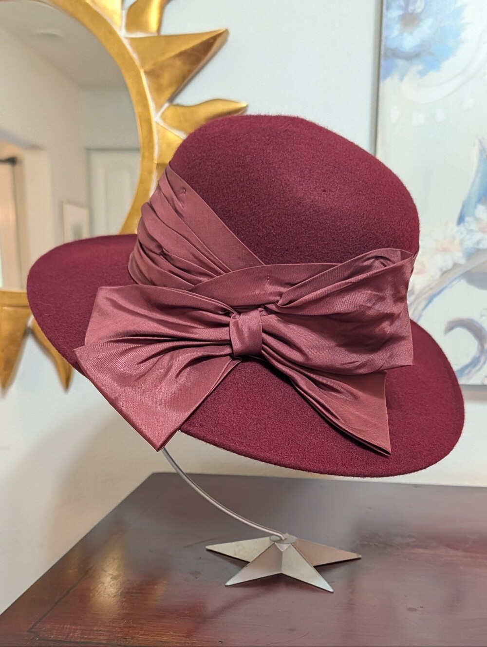 100% Wool Hat Made In Italy Wineberry Red Satin Bow By Lord & Taylor VTG Brimmed